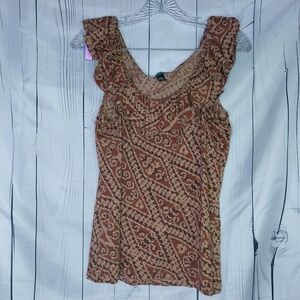 Lauren Ralph Lauren Brown Patterned Ruffle Sleeveless 100% Cotton Top